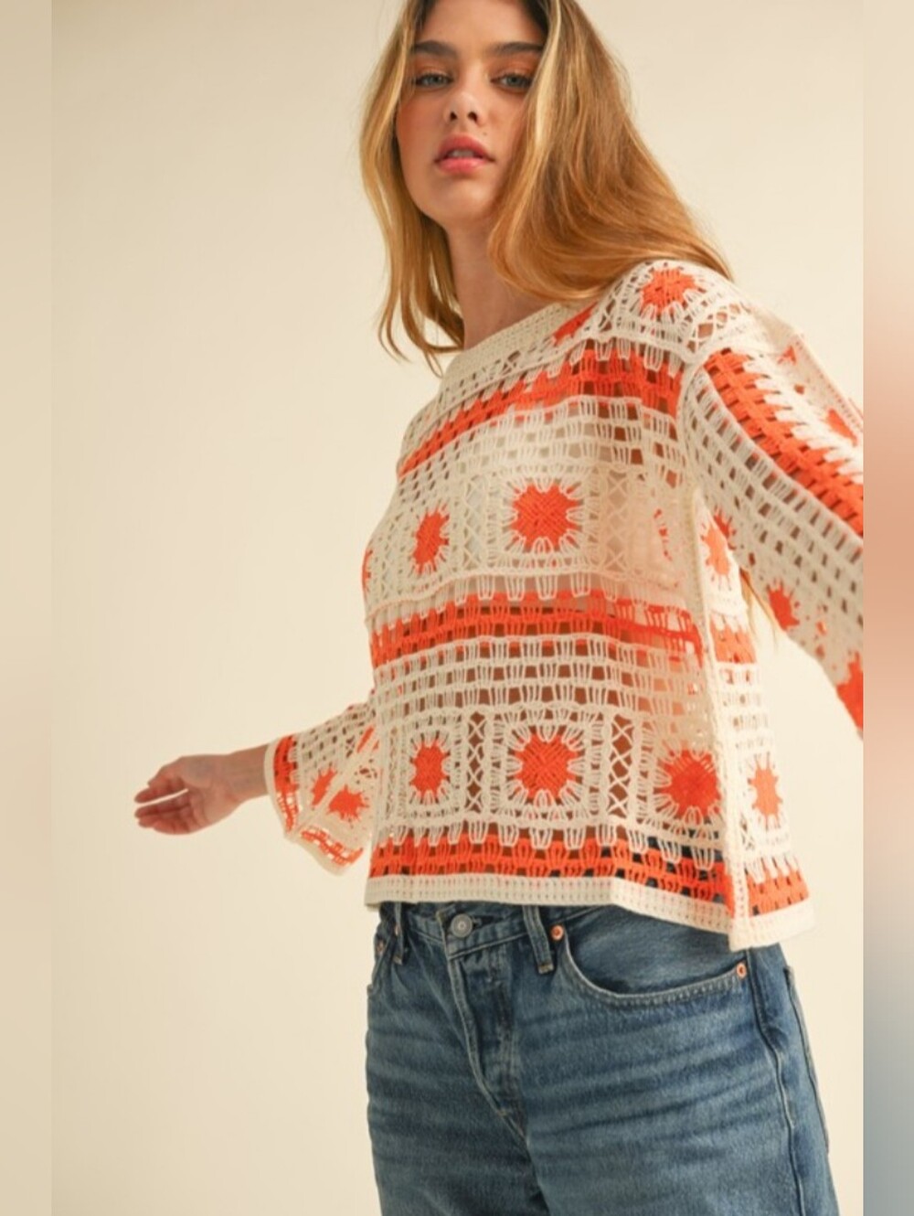NWOT POL One Size Crochet Openwork Long Sleeve Top in Cream & Orange